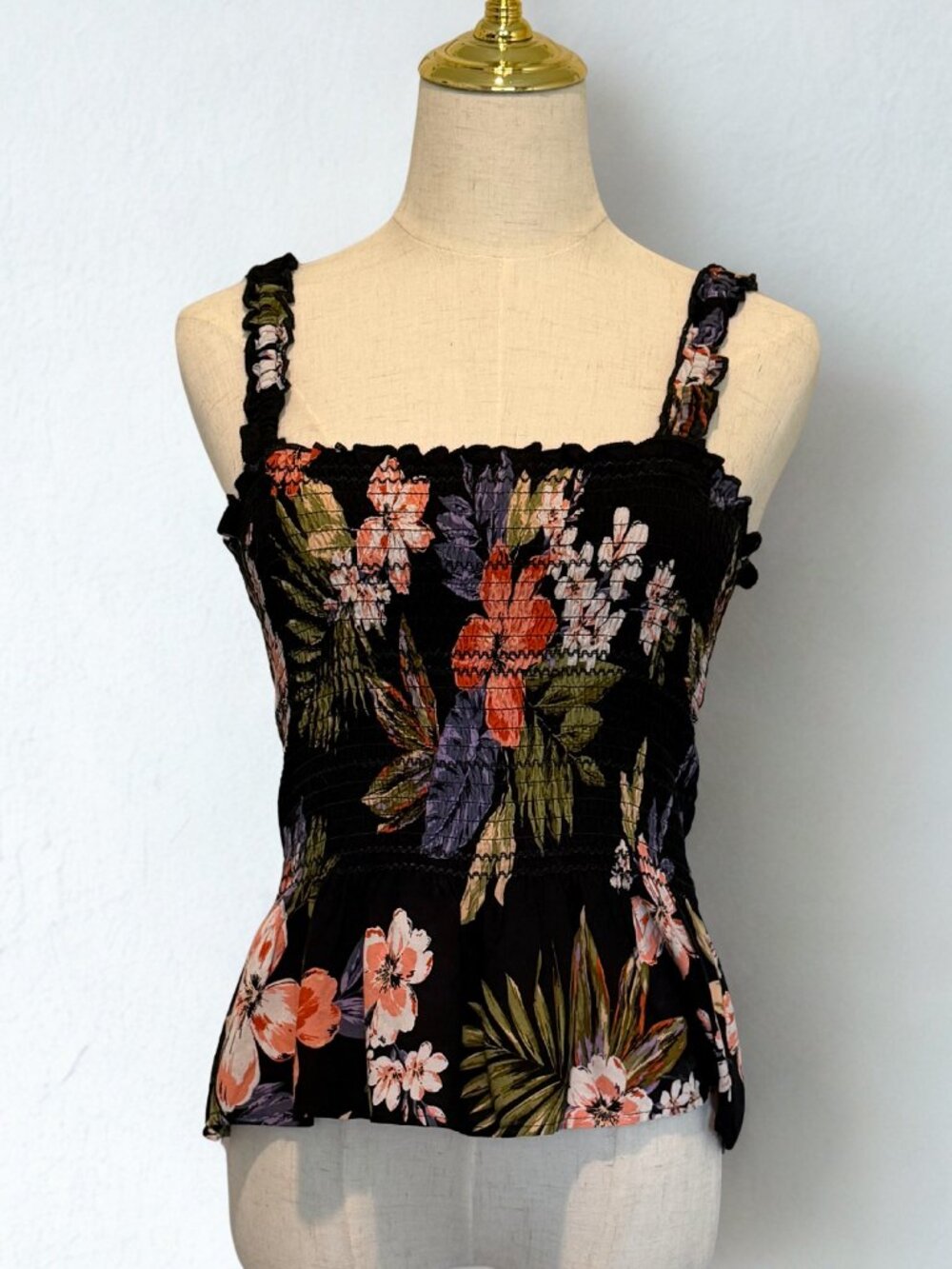 Patrons of Peace Black Pink Floral Smocked Tank S Cottagecore - Picture 1 of 10